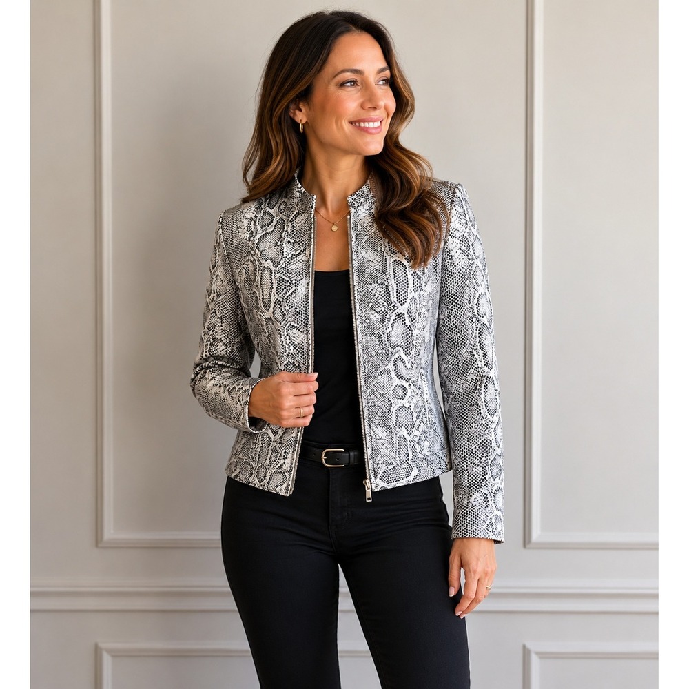 Ruby Rd Petite Womens Snakeskin Print Full‎ Zip Mock Neck Jacket Grey White 12P